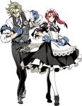  1girl 7th_dragon_(series) 7th_dragon_iii brown_hair butler crossed_legs dress facial_hair fingerless_gloves full_body gloves goatee god-hand_(7th_dragon) maid miwa_shirou official_art red_hair scar side_ponytail transparent_background vest watson_cross 