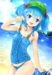  backpack backpack_removed bag bare_arms bare_shoulders beach bikini bikini_bottom blue_bikini blue_eyes blue_hair blue_sky chemise cloud day hair_bobbles hair_ornament hat highres kawashiro_nitori lake looking_at_viewer open_mouth outdoors shiron_(e1na1e2lu2ne3ru3) sky smile solo strap_pull swimsuit touhou twintails two_side_up wrench 