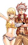  1girl bandages bikini blonde_hair breasts brown_eyes cleavage fairy_tail large_breasts long_hair looking_at_viewer lucy_heartfilia mashima_hiro natsu_dragneel navel one_eye_closed pink_hair plue scar scarf side-tie_bikini simple_background smile spiked_hair swimsuit white_background yellow_bikini 