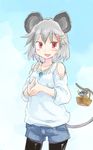 animal_ears basket black_legwear blush casual collarbone contemporary grey_hair hair_ornament hairclip highres jewelry legwear_under_shorts looking_at_viewer mouse mouse_ears mouse_tail nazrin open_mouth pantyhose pendant red_eyes sape_(saperon_black) short_hair shorts simple_background solo sunglasses tail touhou 