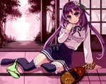  bad_id bad_pixiv_id biwa_lute black_legwear blouse douji flower hair_flower hair_ornament instrument japanese_house low_twintails lute_(instrument) meme_attire miniskirt panties panties_around_one_leg purple_eyes purple_hair sitting skirt solo thighhighs touhou tsukumo_benben twintails underwear virgin_killer_outfit white_blouse yokozuwari zettai_ryouiki 