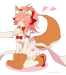  1girl :3 animal_ear_fluff animal_ears apron bell bell_collar blush breasts cat_hair_ornament cat_paws cleavage collar eyes_closed fate/grand_order fate_(series) fox_ears fox_tail gloves hair_ornament hair_ribbon heart highres jingle_bell kuro_no_suke_(kurotu962kurotu) large_breasts long_hair maid_headdress naked_apron paw_gloves paw_shoes paws pink_hair ponytail red_ribbon ribbon shoes simple_background solo tail tamamo_(fate)_(all) tamamo_cat_(fate) white_background 