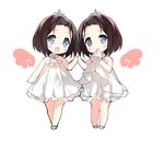  blush chibi full_body looking_at_viewer mouth_hold multiple_girls open_mouth original saru short_hair siblings simple_background smile twins white_background 