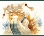  acrylic_paint_(medium) bad_id bad_pixiv_id blonde_hair dress fox_tail hands_in_opposite_sleeves hat keiko_(mitakarawa) leaning_forward letterboxed long_sleeves looking_at_viewer mixed_media multiple_tails ofuda pillow_hat short_hair simple_background smile solo tabard tail tassel third-party_edit touhou traditional_media upper_body watercolor_(medium) white_background white_dress wide_sleeves yakumo_ran yellow_eyes 