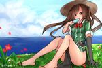  bare_hips bare_legs barefoot brown_eyes brown_hair cloud cloudy_sky day dress elbow_gloves food gloves grass hair_between_eyes hair_ribbon hat hot_kakigoori kantai_collection long_hair looking_at_viewer ocean pelvic_curtain popsicle remodel_(kantai_collection) ribbon short_dress side_slit single_elbow_glove sketch sky solo straw_hat thighs tone_(kantai_collection) twintails 