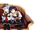  akatsuki_(kantai_collection) black_hair blue_eyes book hat hibiki_(kantai_collection) kantai_collection long_hair multiple_girls open_mouth pantyhose school_uniform serafuku silver_hair skirt sleeping smile teruui thighhighs 