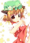  :3 animal_ears bow brown_eyes brown_hair cat_ears chen closed_mouth commentary_request green_hat hat mob_cap pila-pela short_hair short_sleeves solo touhou white_bow 