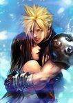  1girl black_hair blonde_hair closed_eyes cloud_strife deathwingxiii earrings elbow_gloves final_fantasy final_fantasy_vii gloves height_difference hetero highres hug jewelry lipstick long_hair makeup nose pauldrons short_hair spiked_hair tifa_lockhart 