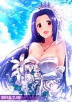  ahoge bare_shoulders blue_hair breasts cleavage cloud collarbone crown dated dress elbow_gloves flower gloves headdress idolmaster idolmaster_(classic) ima_(lm_ew) jewelry large_breasts miura_azusa necklace open_mouth petals profile red_eyes rose sky smile solo wedding_dress white_gloves 