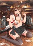  ahoge brown_hair burnt_clothes detached_sleeves hairband japanese_clothes kantai_collection kongou_(kantai_collection) long_hair nontraditional_miko open_mouth solo torn_clothes wince yi_l_chen_5 