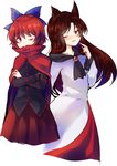  animal_ears black_hair bow brooch brown_eyes brown_hair cape crossed_arms dress hair_bow highres imaizumi_kagerou jewelry long_hair long_sleeves looking_at_viewer multiple_girls one_eye_closed open_mouth red_eyes red_hair sekibanki shirt short_hair skirt smile touhou uranaishi_(miraura) wolf_ears 