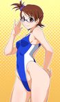  adjusting_eyewear bare_shoulders blue-framed_eyewear breasts brown_eyes brown_hair competition_swimsuit covered_navel cowboy_shot futami_ami glasses halftone halftone_background highleg highleg_swimsuit idolmaster idolmaster_(classic) looking_at_viewer one-piece_swimsuit orange_background outline scrunchie semi-rimless_eyewear short_hair side_ponytail simple_background small_breasts smile swimsuit tengu_(tetuo_kun) under-rim_eyewear 