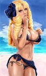  beach bikini bikini_skirt blonde_hair blue_bikini blue_sky bow breasts cameltoe cloud commentary day drill_hair english_commentary fate/stay_night fate_(series) hair_bow hand_to_own_mouth highres large_breasts long_hair looking_at_viewer luviagelita_edelfelt micro_bikini mightyhonk ocean outdoors partially_visible_vulva pink_eyes side-tie_bikini sky solo sweat swimsuit tan tanline underboob 
