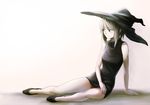  arm_support bare_legs bare_shoulders black_dress blonde_hair dress hair_between_eyes hat jitome light_smile looking_to_the_side lying on_side original short_dress short_hair sitting solo witch witch_hat yokozuwari zimu 