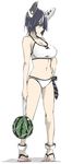  bikini food fruit kamukamu_(ars) kantai_collection net sandals short_hair simple_background solo swimsuit tenryuu_(kantai_collection) watermelon white_bikini 