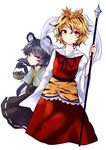  animal_ears animal_print basket bishamonten's_spear blonde_hair bow capelet gem grey_hair hair_bow highres jewelry long_sleeves looking_at_viewer mouse mouse_ears mouse_tail multicolored_hair multiple_girls nazrin necklace pendant red_eyes shawl shirt short_hair skirt smile streaked_hair tail tiger_print toramaru_shou touhou uranaishi_(miraura) wide_sleeves yellow_eyes 