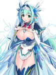  between_breasts blue_hair blue_legwear brave_sword_x_blaze_soul breasts bridal_gauntlets cleavage green_eyes green_nails highres large_breasts long_hair looking_at_viewer mel/a nail_polish pointy_ears shiny shiny_clothes shiny_skin solo thighhighs veil 
