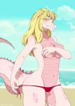  alligator anthro bangs beach bikini blonde_hair breasts camel_toe clothed clothing covering covering_breasts crocodilian female hair hjkr looking_at_viewer madeleine non-mammal_breasts outside pink_body reptile scales scalie seaside sharp_teeth smile solo swimsuit teeth thick_tail topless undressing 