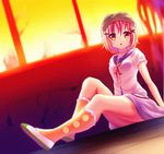  gakkou_gurashi! hair_ornament hairclip looking_at_viewer meng_xiao_jiong neckerchief open_mouth red_eyes red_hair school_uniform serafuku shirt short_hair short_sleeves sitting skirt solo sunset takeya_yuki x_hair_ornament 