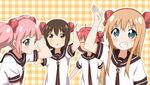  &gt;:) akaza_akari arms_up blonde_hair blue_eyes brown_eyes brown_hair double_bun fake_hair_bun funami_yui grin multiple_girls nanamori_school_uniform open_mouth red_hair ren_kon school_uniform serafuku smile teeth toshinou_kyouko twintails v-shaped_eyebrows yoshikawa_chinatsu yuru_yuri 