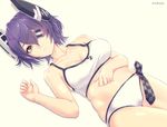  bad_id bad_twitter_id bikini breasts collarbone cowboy_shot dutch_angle eyepatch hand_on_own_stomach headgear highres infinote kantai_collection looking_at_viewer lying medium_breasts navel on_back purple_hair short_hair solo swimsuit tenryuu_(kantai_collection) twitter_username white_bikini yellow_eyes 