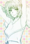  armpits arms_up blush cheerleader idolmaster idolmaster_cinderella_girls looking_at_viewer mole mole_under_eye monochrome pom_poms short_hair shoukaki_(earthean) smile solo takagaki_kaede 