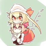  :&lt; blonde_hair chibi chin_on_head chin_rest dress fang flandre_scarlet hat hat_ribbon hug hug_from_behind looking_up low_wings mob_cap multiple_girls red_dress red_eyes ribbon rumia sash shamo_(koumakantv) short_hair side_ponytail skirt skirt_set smile touhou vest wings 