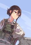  black_gloves body_armor brown_hair day fangdan_runiu flak_jacket flare folded_ponytail gloves glowstick hydration_carrier load_bearing_vest looking_to_the_side magazine_(weapon) military original parachute plate_carrier sky solo stanag_magazine upper_body walkie-talkie watch yellow_eyes 