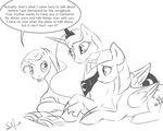  2015 black_and_white book english_text equine female feral friendship_is_magic group horn male mammal monochrome my_little_pony night_light_(mlp) princess_luna_(mlp) silfoe text twilight_sparkle_(mlp) unicorn winged_unicorn wings 
