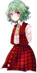  arms_behind_back ascot green_hair kazami_yuuka looking_at_viewer open_clothes open_vest red_eyes shirt short_hair simple_background skirt skirt_set solo touhou uranaishi_(miraura) vest white_background 
