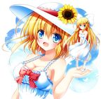  alice_margatroid alternate_costume bare_shoulders blonde_hair blue_eyes blue_sky bow breasts cleavage cloud collarbone day dress flower hair_bow hair_flower hair_ornament hat highres large_breasts long_hair matching_shanghai no_bra open_mouth osashin_(osada) shanghai_doll sky sleeveless sleeveless_dress smile sundress sunflower touhou v_arms very_long_hair white_dress 