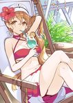  adjusting_hair arm_up bikini blush breasts brown_hair cocktail commentary_request criss-cross_halter crossed_legs drinking drinking_straw flower hair_flower hair_ornament halter_top halterneck hibiscus kaguyuzu kantai_collection large_breasts littorio_(kantai_collection) looking_at_viewer red_bikini sarong sitting sketch solo swimsuit wavy_hair 