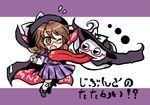  ;o animalization brown_hair cape clothes_writing flying_sweatdrops ghost glasses gloves hat long_tongue lowres one_eye_closed pote_(ptkan) red-framed_eyewear shirt short_hair skirt tongue tongue_out touhou usami_sumireko vest 