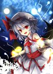  akisome_hatsuka bare_shoulders bat_wings bow fang full_moon hat hat_bow lavender_hair mob_cap moon open_mouth pointy_ears red_eyes remilia_scarlet solo touhou wings 