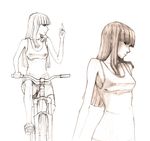 bad_id bad_pixiv_id bicycle bike_shorts collage expressionless graphite_(medium) greyscale ground_vehicle highres hime_cut long_hair middle_finger mole monochrome mountain_bicycle mr_very profile riding shirt simple_background sketch sleeveless sleeveless_shirt smile smirk solo traditional_media 