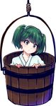  bucket green_eyes green_hair hair_bobbles hair_ornament head_tilt highres in_bucket in_container japanese_clothes kimono kisume looking_at_viewer short_hair solo touhou twintails uranaishi_(miraura) wooden_bucket yukata 