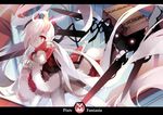  copyright_name demon_girl horns long_hair looking_at_viewer monster pixiv_fantasia pixiv_fantasia_t pointy_ears red_eyes red_rulu_(saru) saru very_long_hair white_hair 