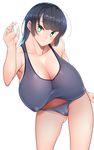  black_hair breasts cameltoe covered_nipples gigantic_breasts green_eyes hanging_breasts light_smile long_hair looking_at_viewer puffy_nipples shumichi simple_background solo tank_top thighs white_background 