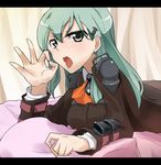 bed bed_sheet fellatio_gesture green_eyes green_hair hair_between_eyes hair_ornament hairclip hand_gesture indoors jacket jitome kantai_collection kurosawa_shouichi loafers long_hair looking_at_viewer lying on_stomach open_mouth pleated_skirt school_uniform sexually_suggestive shoes skirt solo suzuya_(kantai_collection) turret 