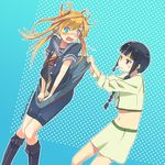  2girls abukuma_(kantai_collection) aqua_eyes bangs bike_shorts black_hair blonde_hair blunt_bangs blush boots braid dated double_bun hair_between_eyes hair_rings kantai_collection kitakami_(kantai_collection) knee_boots kusakabe_(kusakabeworks) long_hair md5_mismatch midriff multiple_girls navel open_mouth pleated_skirt polka_dot polka_dot_background purple_eyes remodel_(kantai_collection) school_uniform serafuku shorts shorts_under_skirt skirt skirt_lift twintails twitter_username 