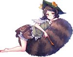  animal_ears barefoot belly_rub brown_eyes brown_hair full_body futatsuiwa_mamizou glasses hat leaf leaf_on_head looking_at_viewer pince-nez pipe raccoon_ears raccoon_tail short_hair simple_background smile solo tail tail_chair touhou uranaishi_(miraura) white_background 