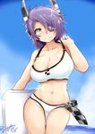  bikini breasts cloud cowboy_shot dated day eyepatch headgear highres hips kantai_collection large_breasts looking_at_viewer looking_to_the_side mizuyan navel short_hair signature sky solo strap_pull swimsuit tenryuu_(kantai_collection) white_bikini yellow_eyes 