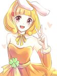  animal_ears bare_shoulders blonde_hair bunny_ears collarbone detached_sleeves dress hairband heart highres kashiwagi_chisame kise_yayoi long_sleeves open_mouth orange_dress pink_eyes precure sash smile smile_precure! solo strapless strapless_dress v white_hairband 