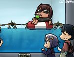  afloat aoba_(kantai_collection) drinking drinking_straw e16a_zuiun hamu_koutarou houshou_(kantai_collection) hyuuga_(kantai_collection) innertube kantai_collection multiple_girls seaplane sunglasses tan translated water yayoi_(kantai_collection) 