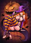  breasts detached_sleeves glowing halloween hasukaku_hanzou hat highres jewelry large_breasts legs long_hair long_legs orange_hair original puffy_sleeves pumpkin sitting smile solo thighhighs thighs witch_hat 