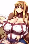  arc_the_lad arc_the_lad_ii bare_shoulders blush breasts brown_eyes brown_hair cradle dress hand_on_own_stomach huge_breasts lieza long_hair plump pregnant sash sitting smile solo strapless strapless_dress taut_clothes tokyo_(great_akuta) very_long_hair 