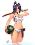  azusa_(hws) bikini bokken breasts cowboy_shot dated eyepatch food fruit hair_over_one_eye headgear highres jewelry kantai_collection large_breasts left-handed navel necklace purple_hair short_hair signature simple_background smile solo swimsuit sword tenryuu_(kantai_collection) wading water watermelon weapon white_background white_bikini wooden_sword yellow_eyes 