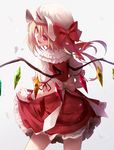  back bangs blonde_hair bow dress fami_(yellow_skies) fangs flandre_scarlet floating_hair frills hair_between_eyes hat hat_bow highres long_hair looking_back mob_cap open_mouth petals puffy_short_sleeves puffy_sleeves red_bow red_dress red_eyes red_ribbon ribbon sash short_sleeves side_ponytail simple_background skirt_hold slit_pupils smile solo touhou white_bow wings wrist_cuffs 