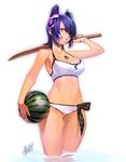  azusa_(hws) bikini bokken breasts cowboy_shot dated eyepatch food fruit hair_over_one_eye headgear highres jewelry kantai_collection large_breasts left-handed navel necklace purple_hair short_hair signature simple_background smile solo swimsuit sword tenryuu_(kantai_collection) wading water watermelon weapon white_background white_bikini wooden_sword yellow_eyes 
