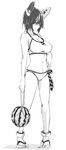  bikini food fruit greyscale kamukamu_(ars) kantai_collection monochrome net sandals short_hair simple_background solo swimsuit tenryuu_(kantai_collection) watermelon white_bikini 